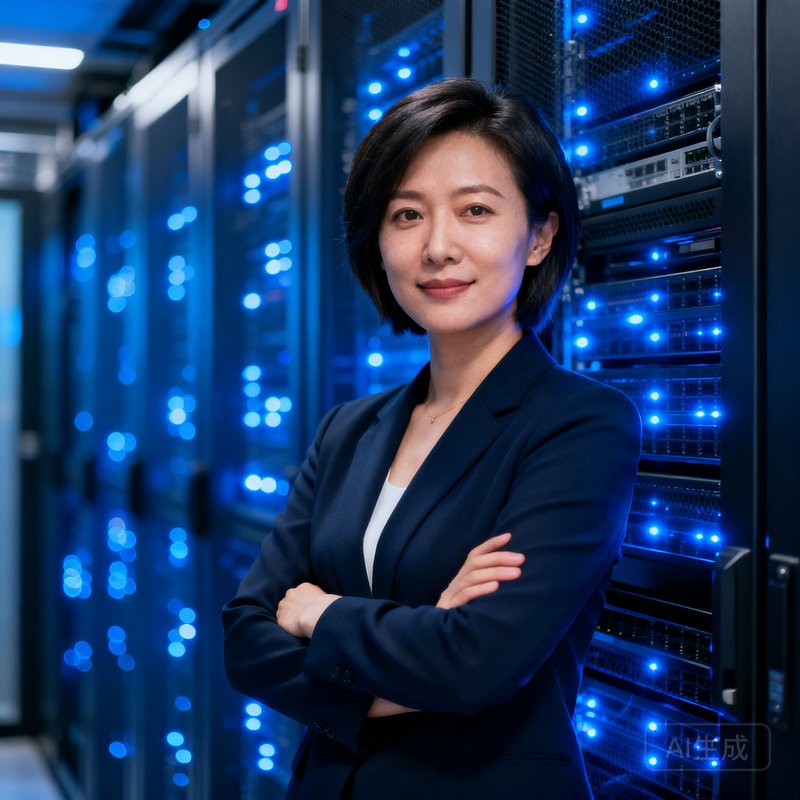 CTO李维，短发干练，站在服务器机柜前双臂交叉，身后是闪烁的蓝色指示灯